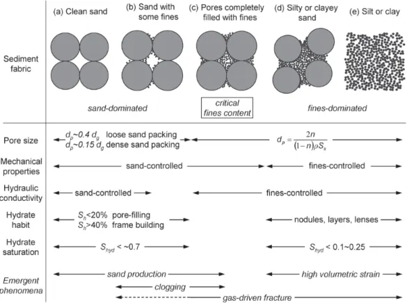 Figure 2.21: Sediment characteristics and physical properties: the relevance of fines and potential phenomena during gas production ( Jung et al., 2011 ).