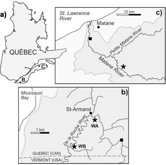 Figure 1. a) Québec Province map with location of the two study sites, b) close-up map of the Matane River  site (star), and c) close-up view of the two wetlands (WA and WB) of the De la Roche River