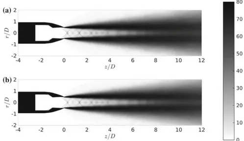 Fig. 6 2-D turbulent kinetic energy for the baseline case (a) and case 2 (b). The color scale ranges