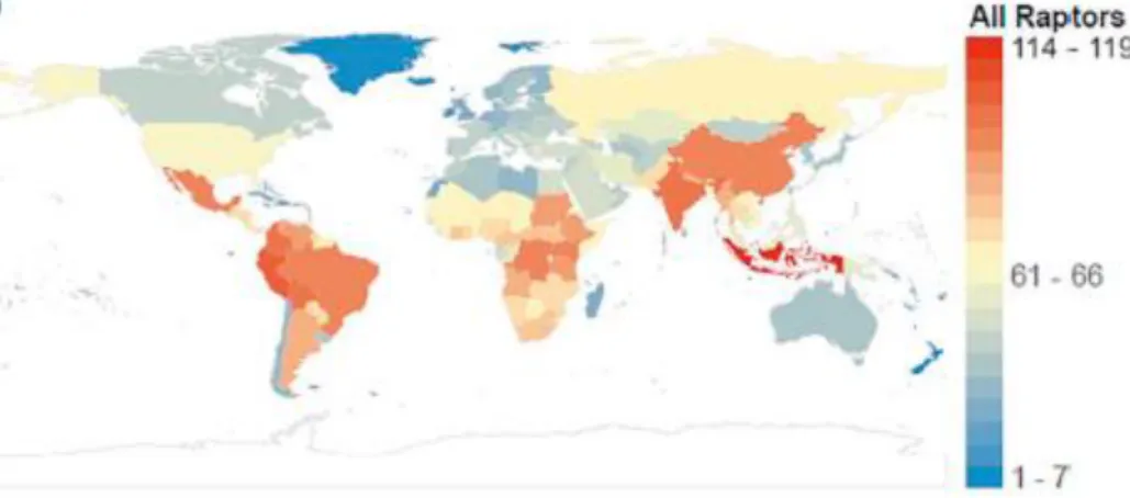 Figure 3 : Nombre d’espèces de rapaces par pays dans le monde en 2018 [132] 