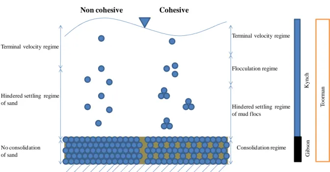 FIGURE 2.1 - Diagram of different processes involved in the settling transport (left: non-