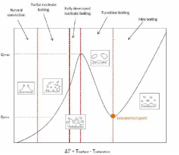 Figure 1.2: Nukiyama curve: evolution of the surface heat flux q as a function of ∆t,[ 6 ]