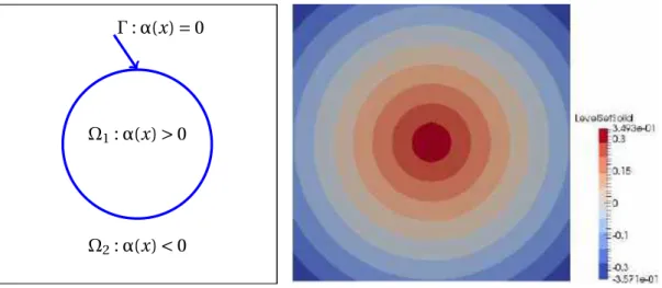 Figure 3.1: Right: schematic representation of the level set function for multi-domain problems