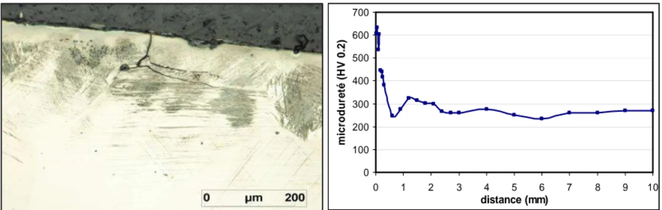 Figure 1.15 : Observation de la microstructure et filiation de microdureté  d’un cœur de voie rebuté avant mise  en service (microscopie optique)