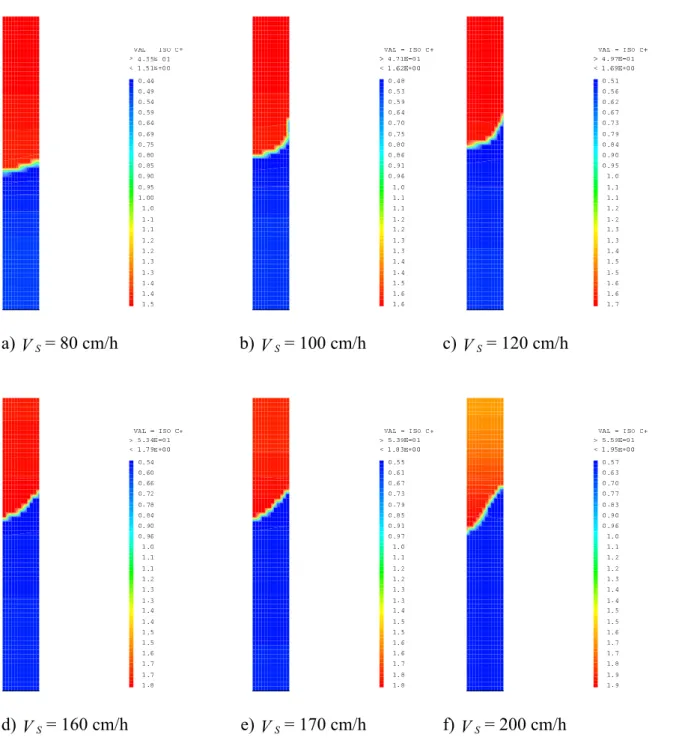 Figure 6.21 : Isovaleurs de concentration  C +  dans le barreau à différentes vitesses de                        déplacement  cas où   q c + = -1.1 q +f  avec   q +f <0 