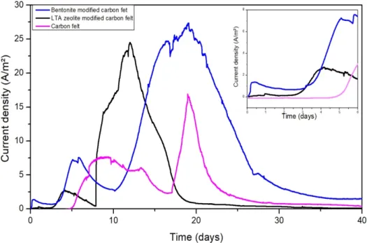 Figure 3. Evolution of the current density on raw carbon felt and modified carbon felt electrodes 