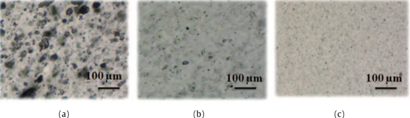 Fig. 1.17  -  Microscopie optique en transmission de l’état de dispersion des pigments   après calandrage des films PVC chargés : (a), calcite ;  (b), kaolin ;  (c), oxyde de fer 