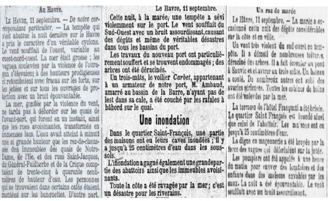 Fig. 2 – The flood occurred during the day of 11 th  September 1903 at Le Havre described by three different newspapers: 