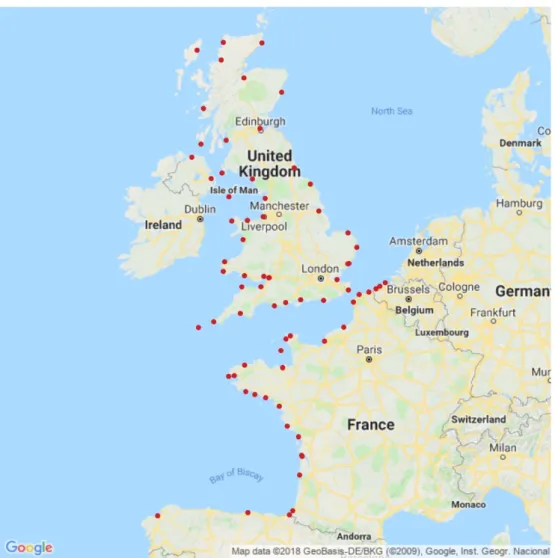 Fig. 9 - Location of 74 tide gauges considered in this study. Source of the map: Google Maps