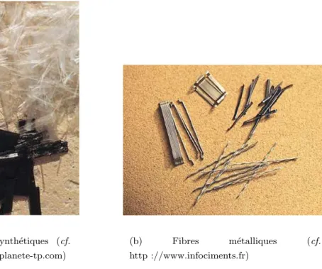 Figure 1.4 – Diff´ erentes natures de fibres utilis´ ees dans l’industrie pour renforcer les mat´ eriaux cimen-