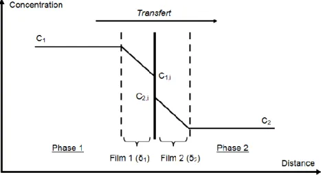 Figure 3. Transfert de matière suivant la théorie du double film. 