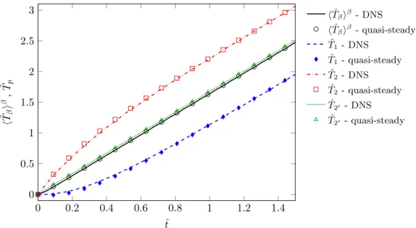 Fig.  6. Comparison of the quasi-steady closure with the reference solution obtained by averaging Direct Numerical Simulations (DNS) results of the micro-scale problem