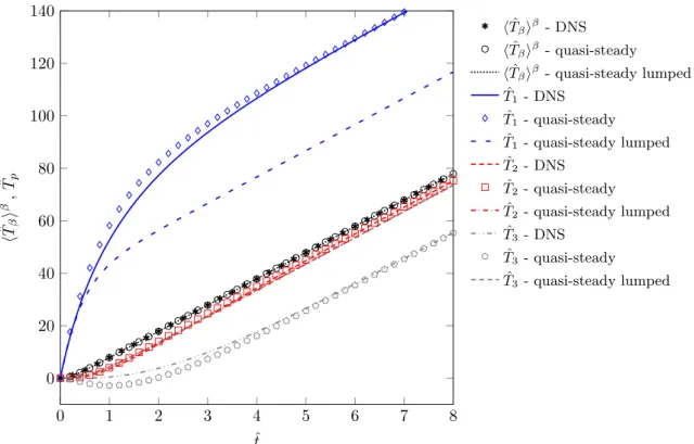 Fig.  11. Comparison of averaged DNS results with the macro-scale predictions for both quasi-steady and quasi-steady lumped approximations – two-dimensional case N V  = 5 × 5 
