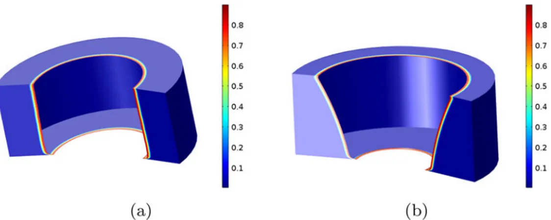 Figure 6. Salt dissolution: Front of the cavity (solid line) every 2 days and (b) example flowlines (solid line) and normalised fluid velocity vectors after 6 days