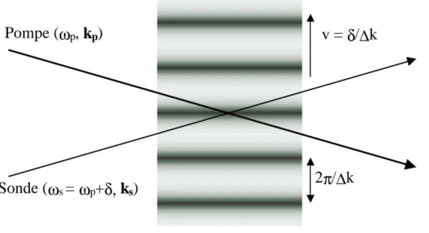 Figure II.11: Interf´erence pompe-sonde. Un r´eseau d’intensit´e (ou de polarisation) lu- lu-mineuse est cr´e´e, se propageant `a une vitesse v = δ/∆k.