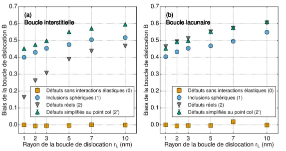 Figure 3.16 – Biais des boucles (a) interstitielle et (b) lacunaire en fonction du rayon de la boucle, pour une densité de boucles de 1.1 10 22 m − 3 .