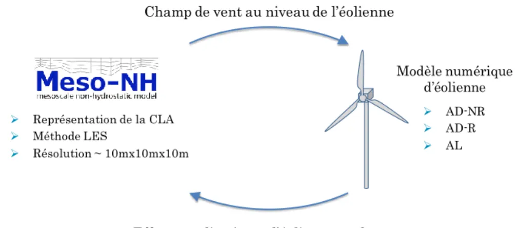 Fig. 4.1 : Schématisation du couplage entre Meso-NH et modèles éoliens