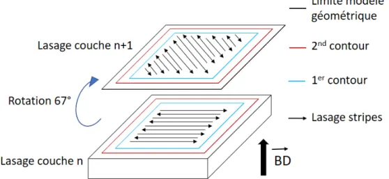 Figure 2.6 – Strat´ egie de lasage utilis´ ee pour la fabrication des ´ eprouvettes SLM.