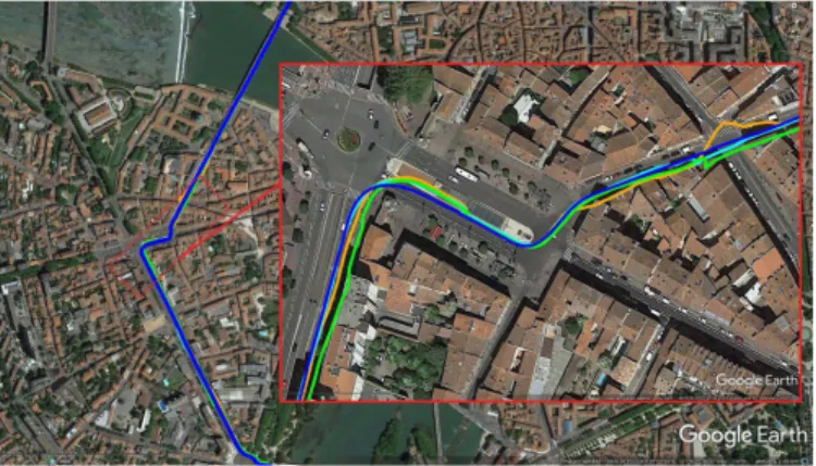 Fig. 16. Trajectory of the open sky scenario plotted using Google Earth©. The reference is in blue, the Ublox and REKF solutions are displayed in green and orange, whereas the proposed method is in cyan.
