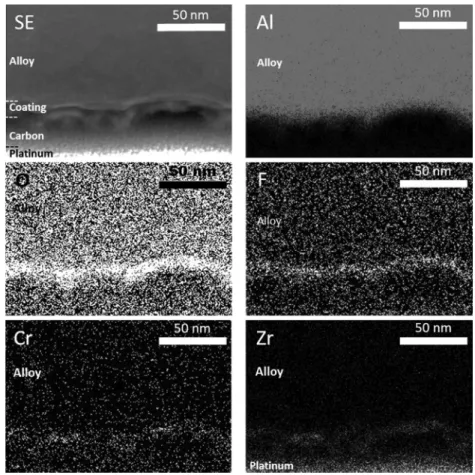 Fig. 5. SEM-FEG micrographs (sec- (sec-ondary electron images) of  cross-sec-tions of AA 2024-T3 samples after Focus Ion Beam cutting for treatment durations in the TCP solution equal to (a) 3 s, (b) 13 s, (c) 15 s, (d) 45 s, (e) 300 s and (f) 600 s