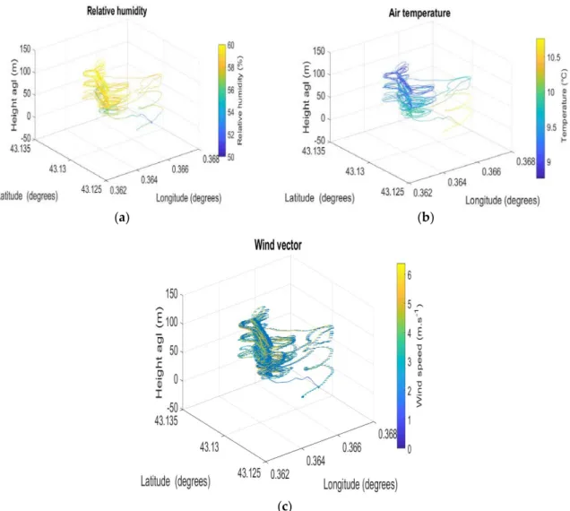 Figure 9. Flight patterns: (a) Flight conducted in Lannemezan site. The 60 m tower is situated 