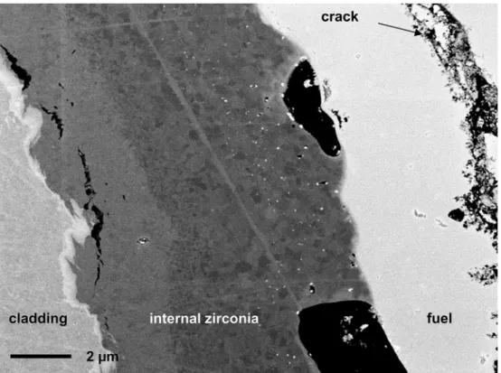 Fig. 5. SEM micrograph of the fueljcladding interface of the 35.3 GWd.t U 1 sample in BSE contrast, centered on a ZrO 2 jUO 2 bonded zone.