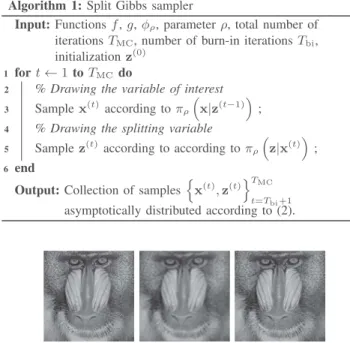 Fig. 1. Image deblurring with TV prior. (left) Original image, (middle) noisy and blurred image and (right) MMSE estimate computed with Algorithm 1.