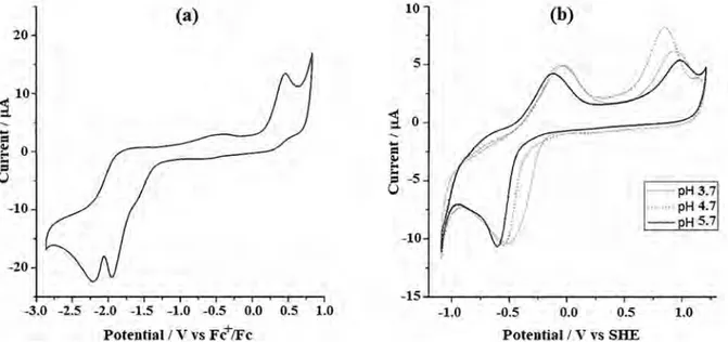 Fig. 5. Cyclic voltammograms of compound (1) in DMSO + 0.1 M nBu 4 PF 6 (a) and in H 2 O + 0.1 M KCl at different pH values (b)