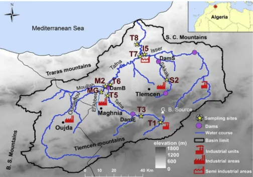 Fig. 1. Study area, elevation, and sediment sampling sites in the Tafna river basin (northwestern Algeria) (treated map of digital elevation data source, de Ferranti, 2014 ( http://www.viewfinderpanoramas.org ).