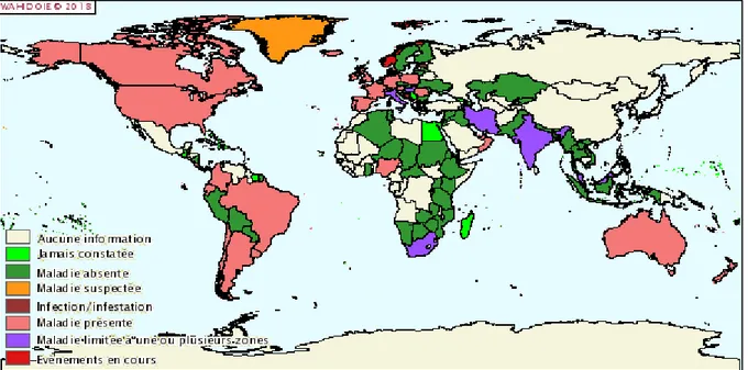 Figure 1: Carte de distribution de la paratuberculose à l’échelle mondiale (Source : OIE, 2018) 