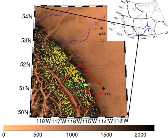 Fig. 1 Map of study area: terrain elevation is shaded; areas in yellow have elevations between 2200 m and  3000 m, and in red higher than 3000 m; available ECCC snow depth observation stations are represented by  green dots; two AESRD snow course observati