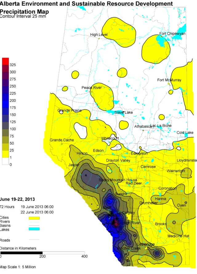 Fig. 2 Map of Alberta showing contours of accumulated precipitation (mm) from 06 MDT June 19 to  06  MDT June 22, 2013