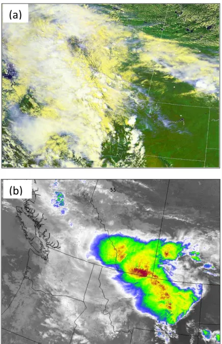Fig. 4 (a) POES Satellite NOAA-19 image at 20:28 UTC 19 June 2013.  The yellow areas depict low clouds,  white regions over western Montana and southern Alberta showing Cb tops from developing thunderstorms; (b)  POES infrared satellite NOAA-16 image at 03