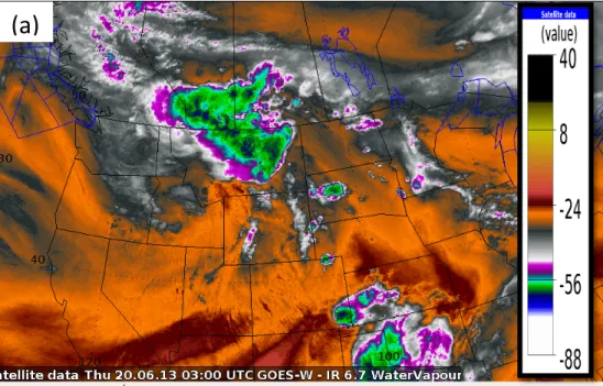 Fig. 7 (a) GOES water vapour image valid at 03 UTC, 20 June ( o C); (b) blended TPW product valid at 04 UTC  20 June
