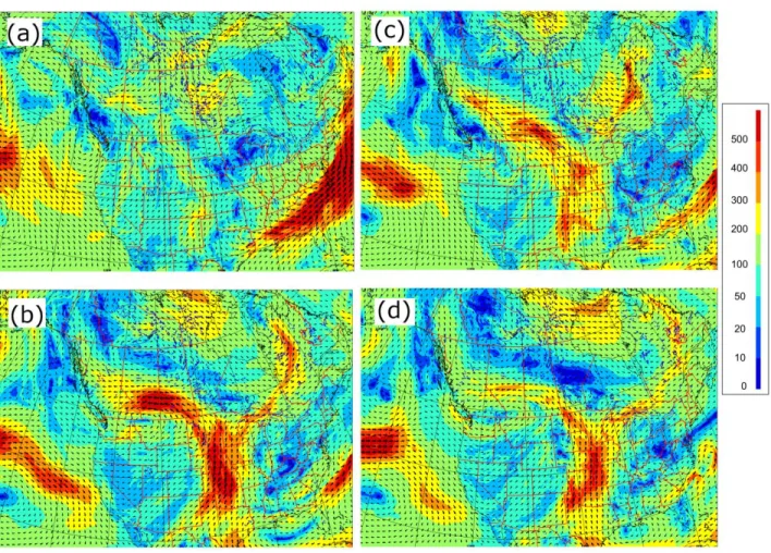 Fig. 8 RDPS analyzed vertically integrated moisture flux (kg m s -1 ) at a) 00 UTC 19 June; b) 00 UTC 20 June;  c) 12 UTC 20 June; and d) 00 UTC 21 June