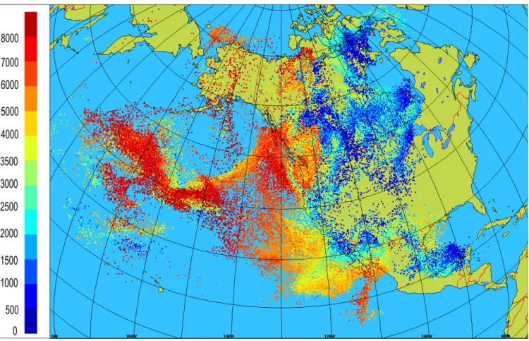 Fig. 9 Footprint of air parcels at t 0  -168h, where t 0  = 06 UTC 20 June 2013. Colours indicate height (m)
