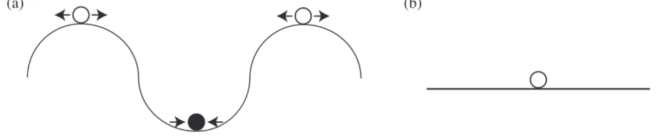 Figure 2.2 – Illustration schématique du concept de stabilité. (a) Les balles blanches sont positionnées au sommet des collines