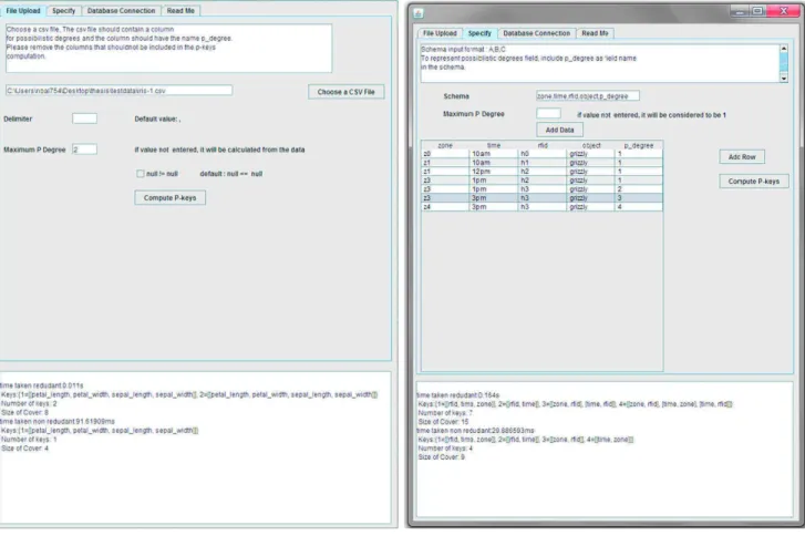 Fig. 5. Possibilistic key finder tool on csv file and direct input.