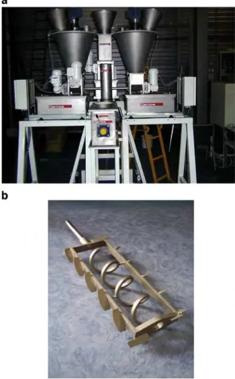 Fig. 1. Gericke GCM 500 facility showing the inlet chute, the mixing chamber, the LIW feeders (a); Stirring device used in this work (b).