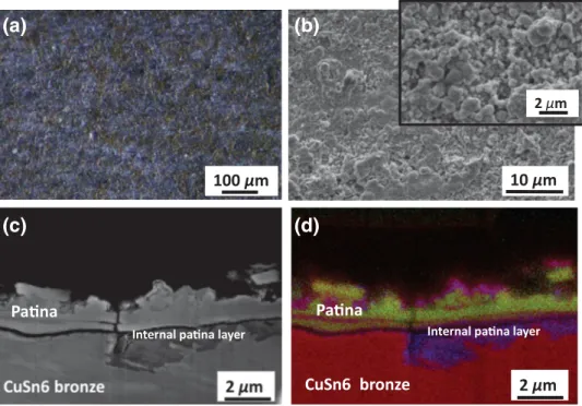 Fig. 1: Typical surface of black K 2 S patina on Cu–6Sn bronze: (a) optical, (b) SEM images, with details of the morphology of
