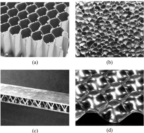 Fig. 2 : Photographs of (a) aluminum honeycomb structure, (b) aluminum foam (Baumeister  et  al,  1997),  (c)  sandwich  structure  with  aluminum  alloy  truss  core  (Deshpande  et  al,2001),  (d) aluminum eggbox structure (Zupan et al, 2003) 