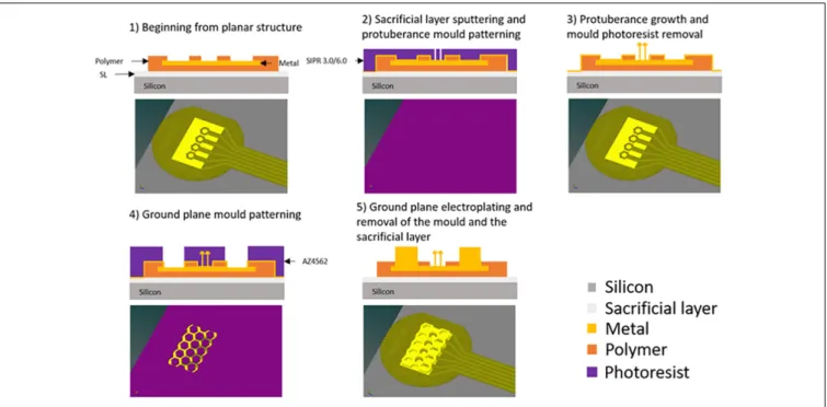 FIGURE 3 | Fabrication process of the 3D structures on the flexible implant – Due to the small size of the holes compared to the implant, the software was unable to produce an image where such features can be appreciated while keeping the large view of the