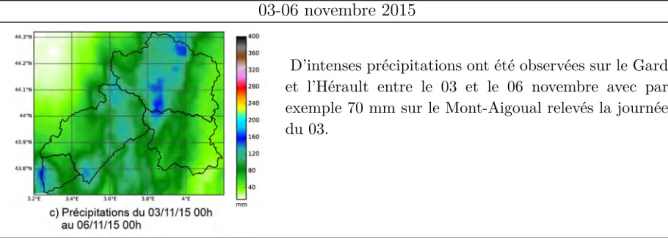 Table 5.3: Cumuls de pluie ANTILOPE et description des événements de l’automne 2015 sur les Cévennes.