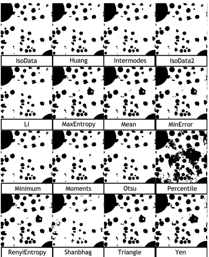 Figure 3.4: Mid-thickness slice of the 45° specimen segmented with diﬀerent automatic thresholding methods.