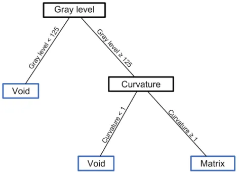 Figure 3.5: Example of a possible decision tree for a voxel with two features (gray level and ﬁrst principal curvature).