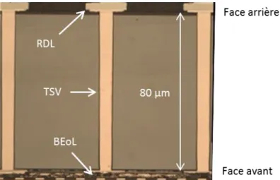 Figure 1.3 : Vue en coupe illustrant que les TSV sont des connexions métalliques intra-puce [COUDRAIN2012] 