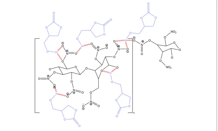 FIGURE 11 | Arrangement of glycerol carbonate molecules within nitrocellulose chains.