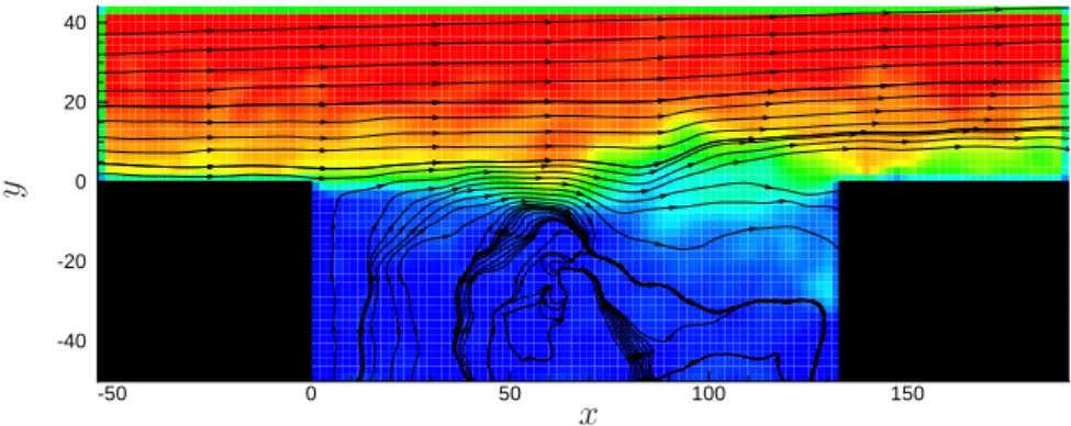 Figure 2.9: TR-PIV snapshot of the longitudinal component U and flow streamtraces. Dimensions of the axes are in mm