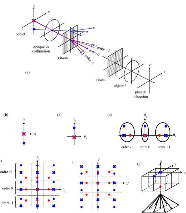 Fig. 3.8 – Application de la tomographie à la spectro-imagerie. (a) : le montage utilisé ; (b) : la scène ; (c), (d), (e) : directions des rayons après le collimateur (c), le premier réseau (d), le second réseau (e) ; (f ) : l’image obtenue sur le détecteu