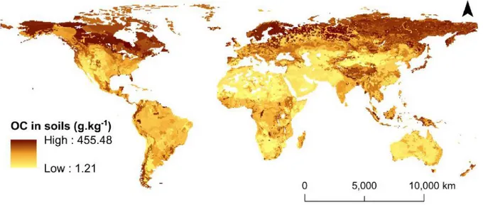 Figure  18  :  Représentation  des  contenus  en  carbone  organique  dans  les  sols  à  l'échelle  de  la  planète  (Données tirées de Batjes, 2009)